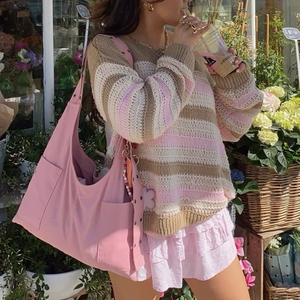 Y2K Neapolitan Stripe Off Shoulder Knit Sweater 🎀 - Picture 5 of 8